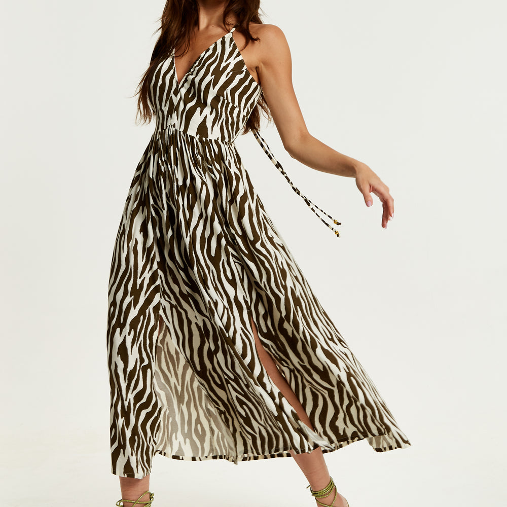 
                  
                    Liquorish Brown Zebra Strappy Midi Dress With Open Back
                  
                