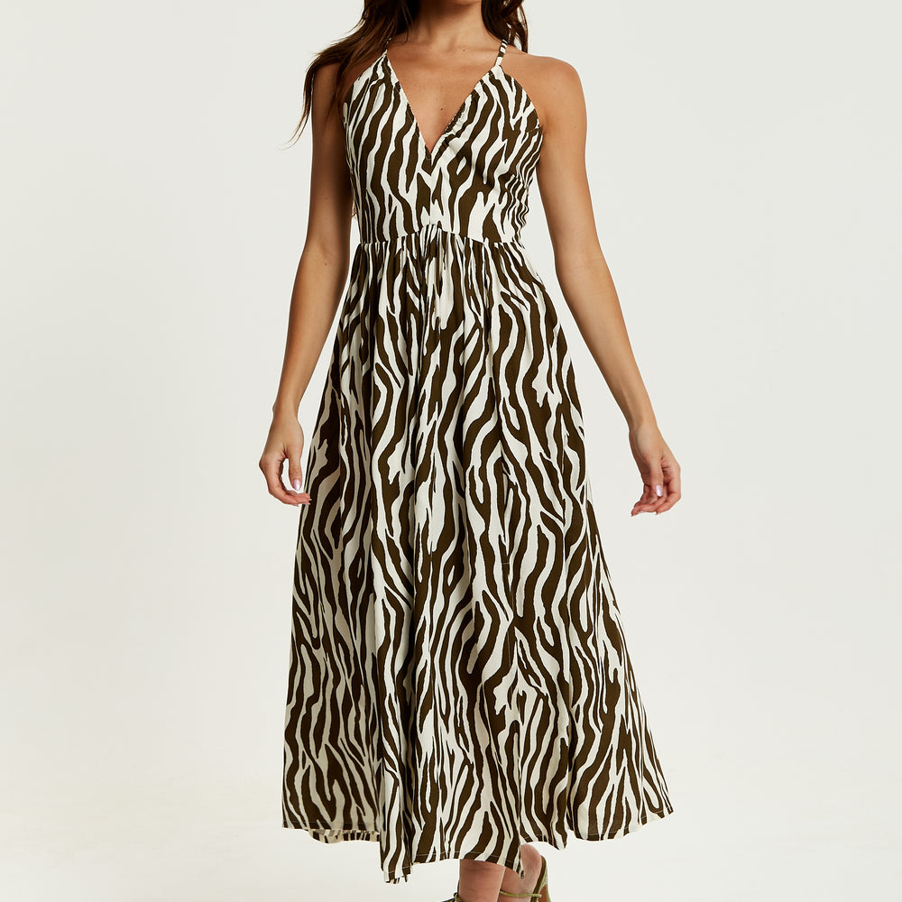 
                  
                    Liquorish Brown Zebra Strappy Midi Dress With Open Back
                  
                