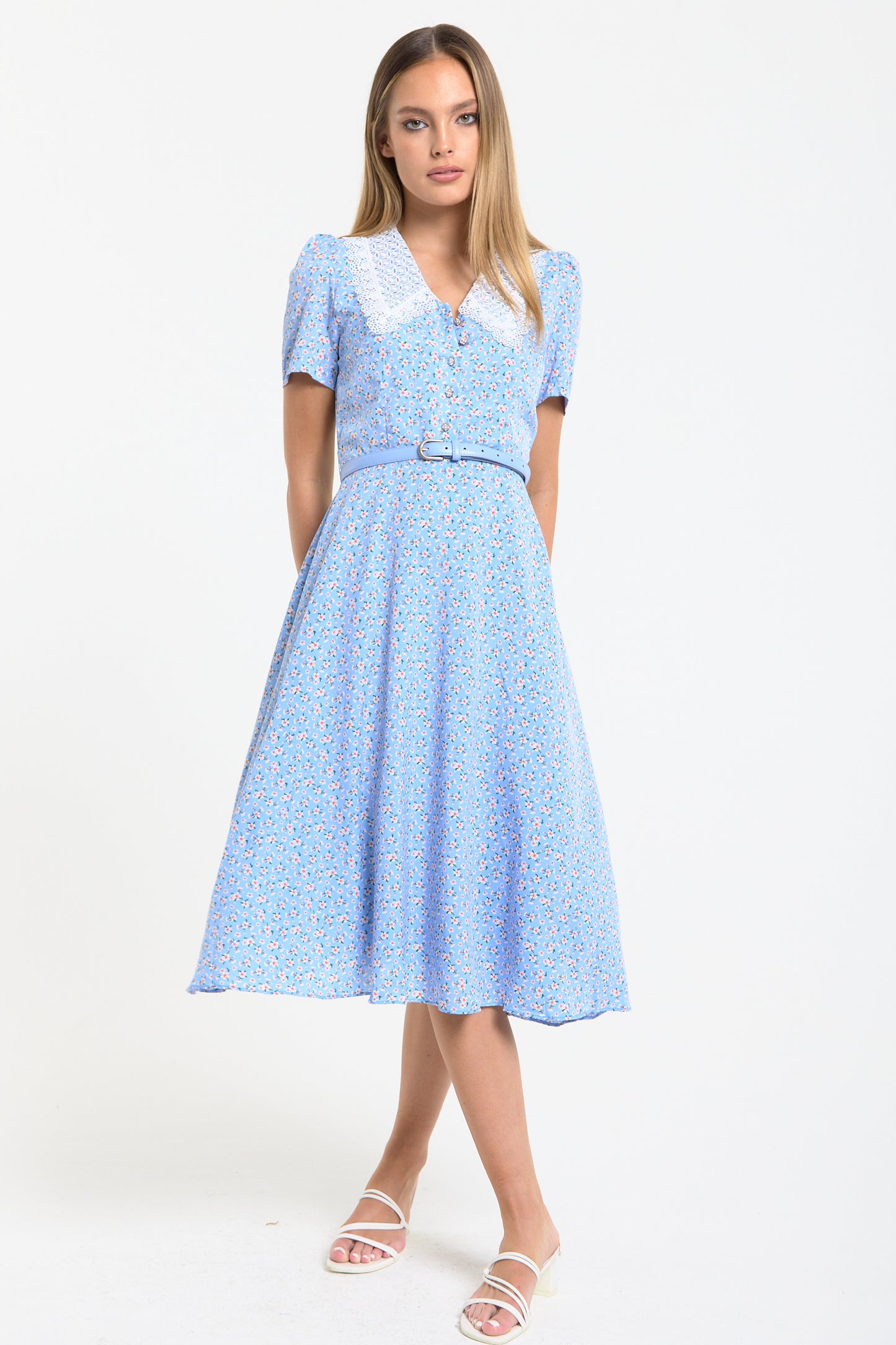 
                  
                    Blue Floral Lace Collar Midi Dress
                  
                