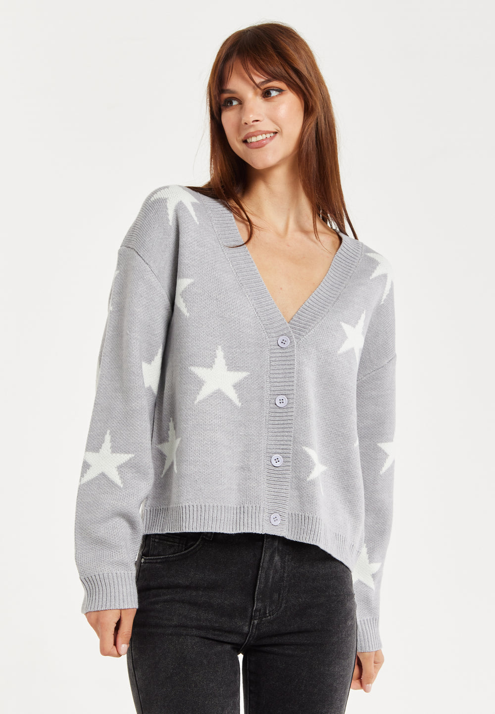 Star Pattern Cardigan In Grey & White