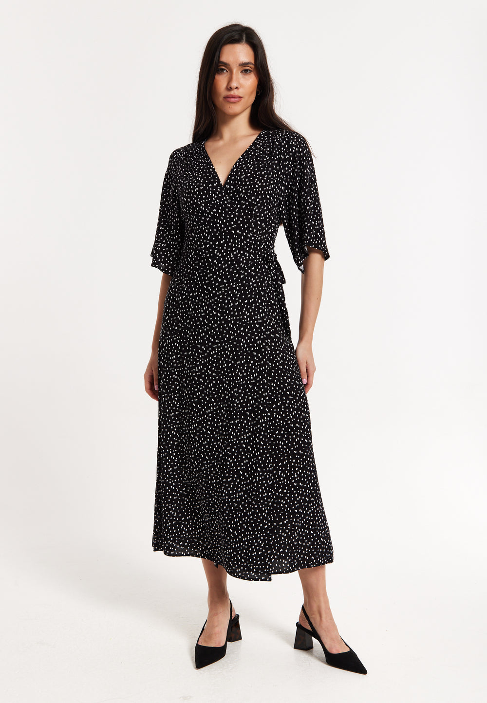 Black Polka Dot Kimono Wrap Maxi Dress