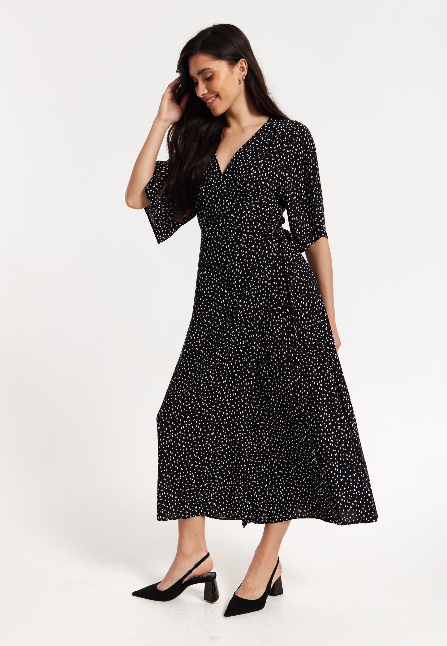 
                  
                    Black Polka Dot Kimono Wrap Maxi Dress
                  
                