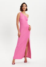 Liquorish Pink Lurex One Shoulder Jersey Maxi Dress With Long Slit