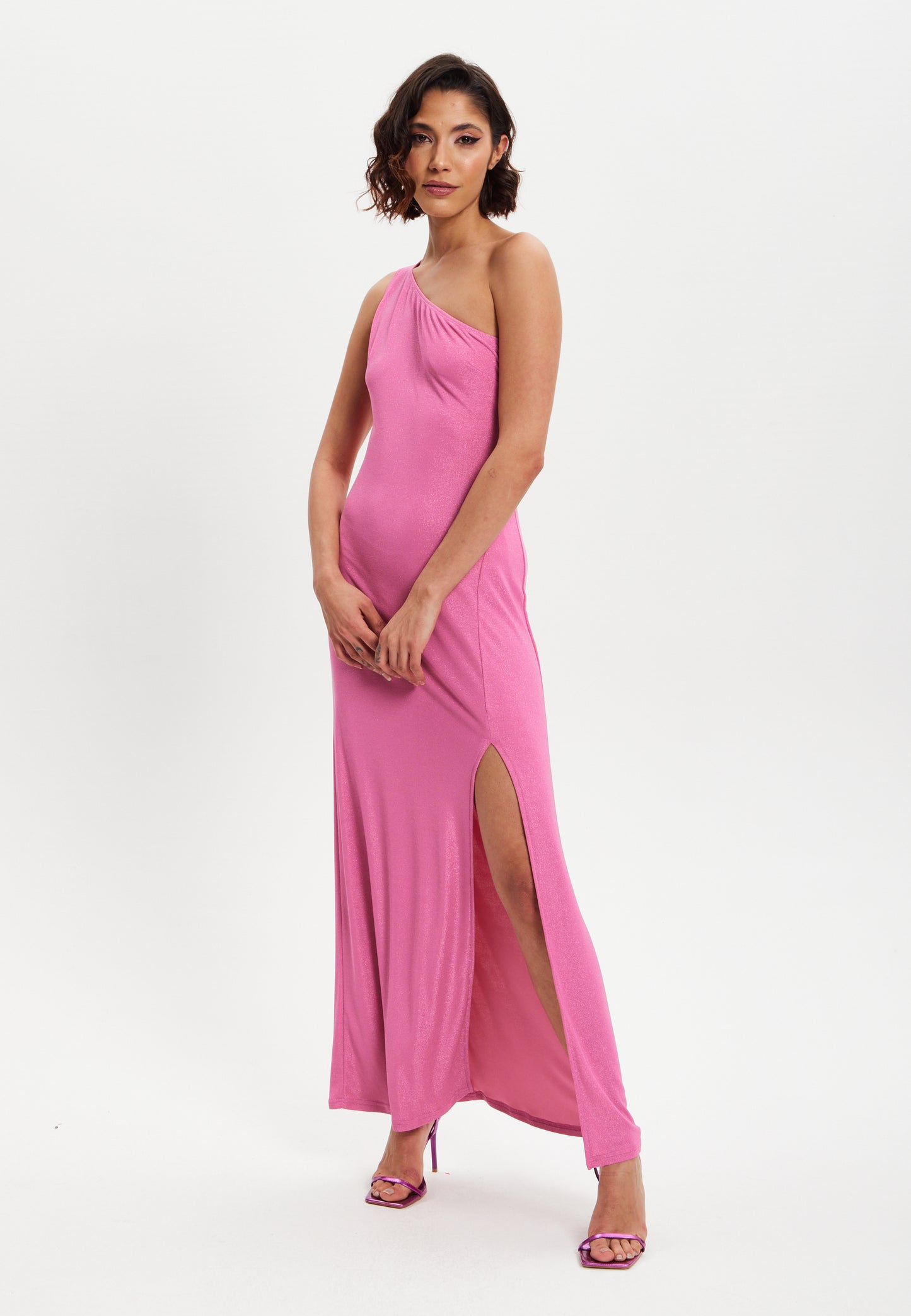 
                  
                    Liquorish Pink Lurex One Shoulder Jersey Maxi Dress With Long Slit
                  
                