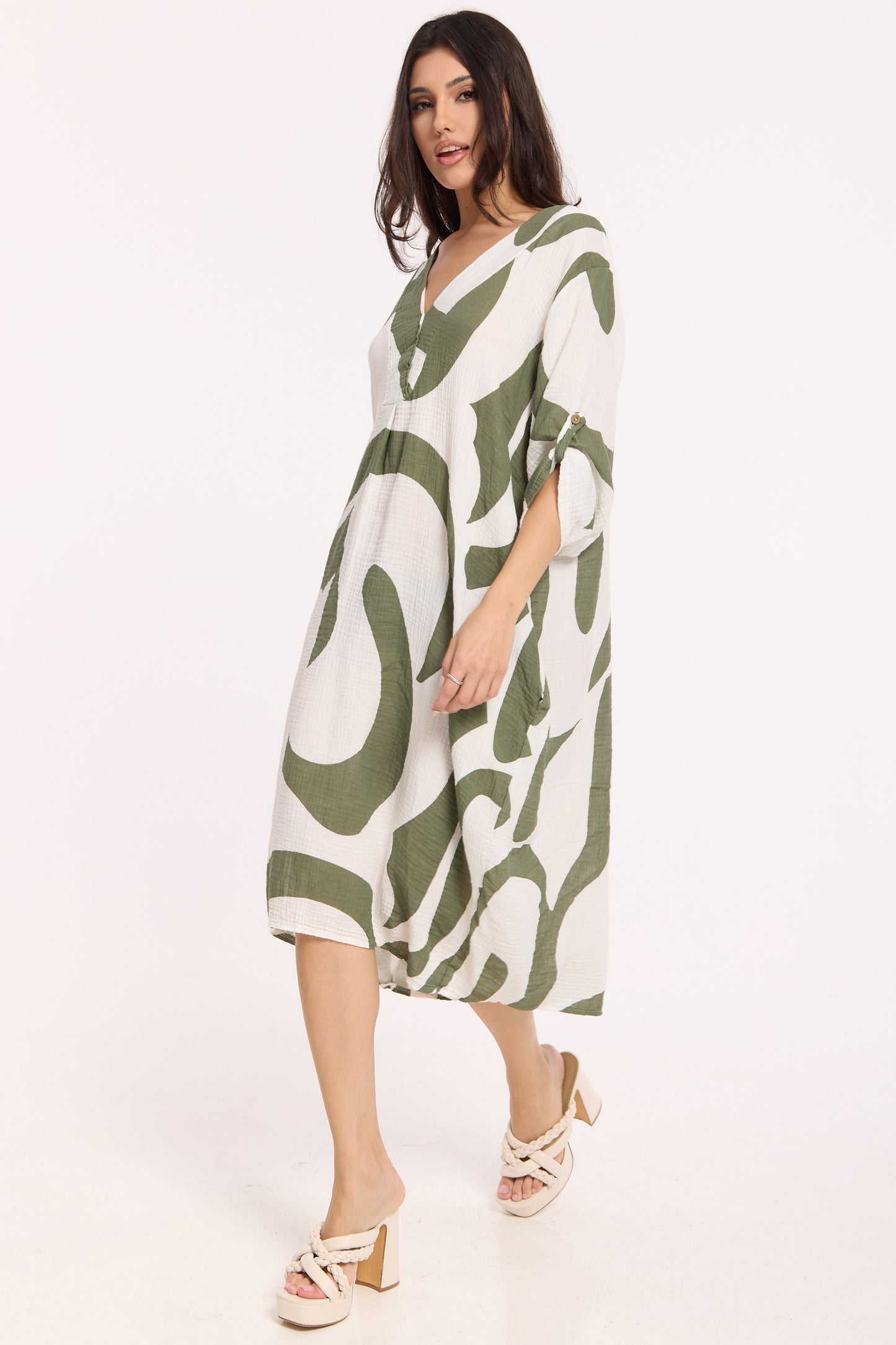 
                  
                    Abstract Print V Neck Midi Smock Dress
                  
                