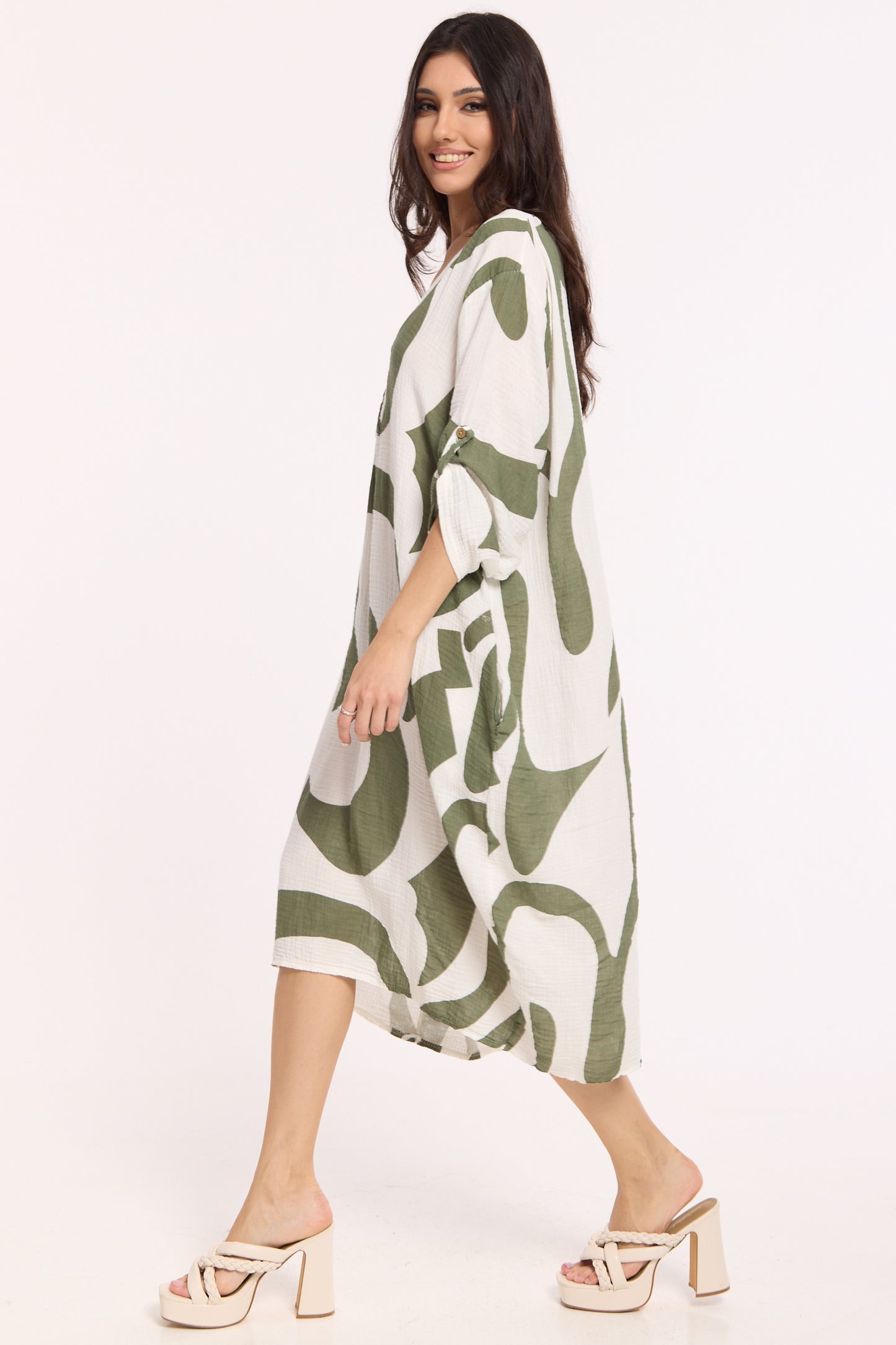 
                  
                    Abstract Print V Neck Midi Smock Dress
                  
                