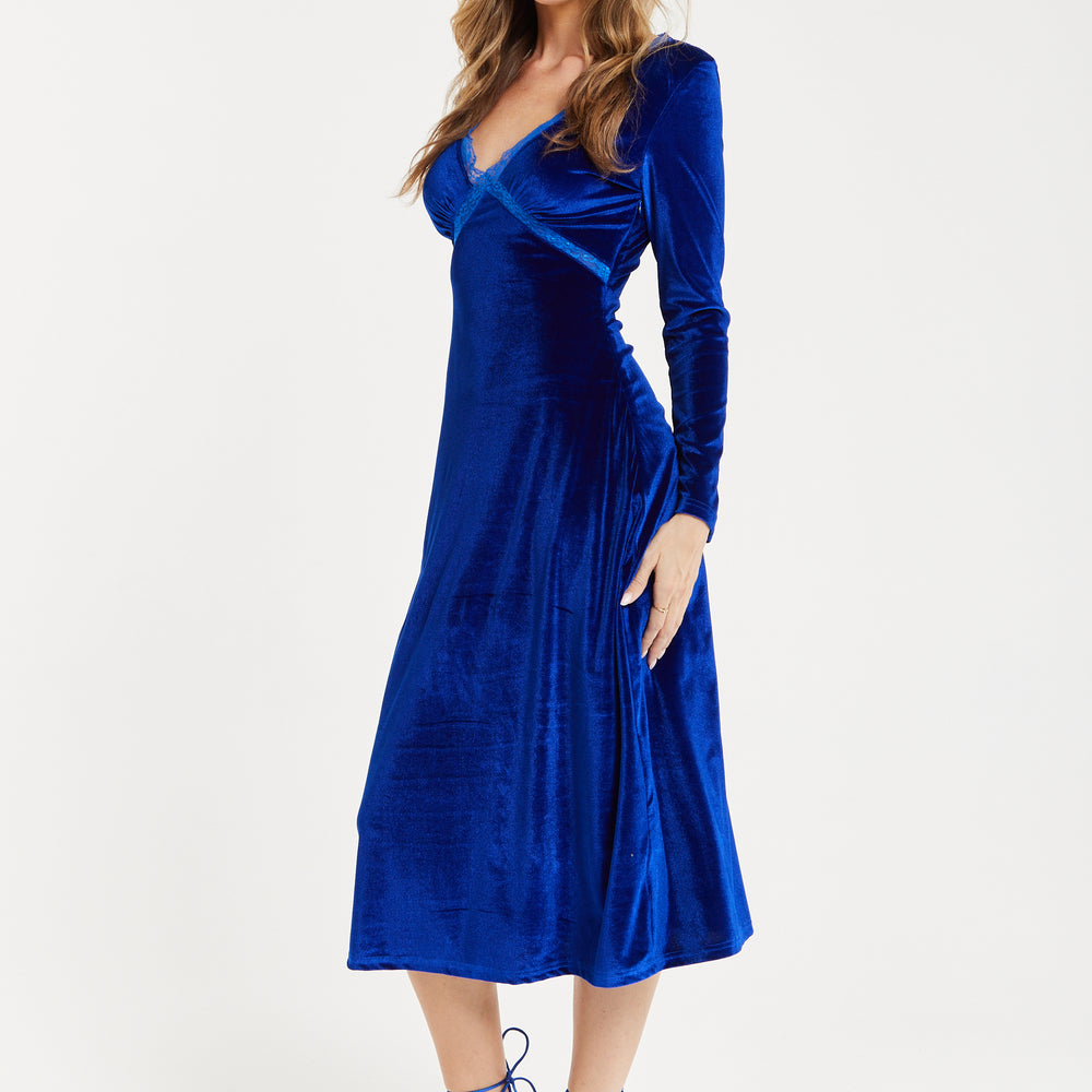 
                  
                    Women's Midi Dress in Royal Blue Velvet with Long Sleeves - Liquorish
                  
                