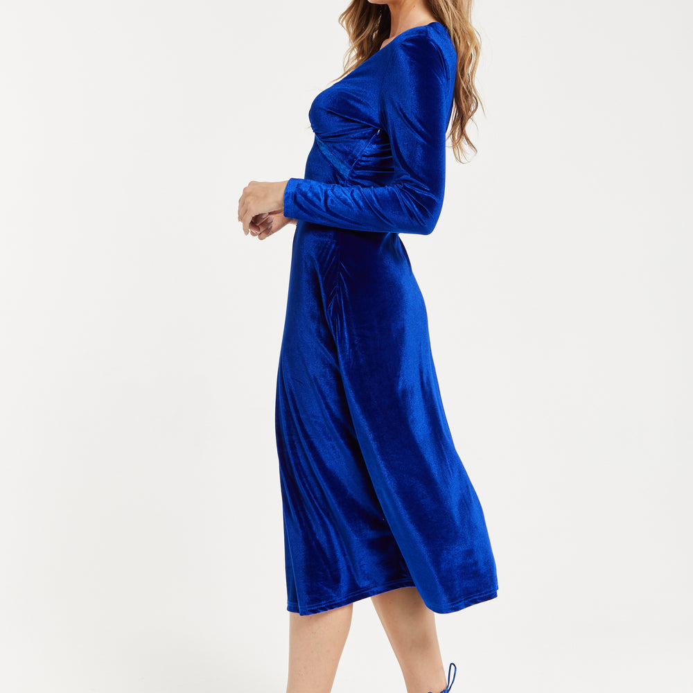 
                  
                    Women's Midi Dress in Royal Blue Velvet with Long Sleeves - Liquorish
                  
                