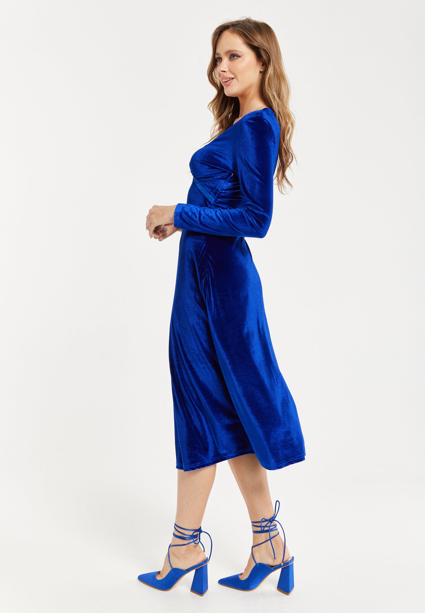 
                  
                    Women's Midi Dress in Royal Blue Velvet with Long Sleeves - Liquorish
                  
                