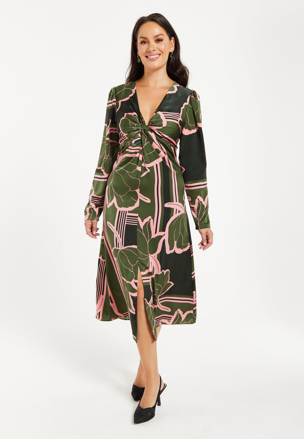 Women's Midi Dress in Dark Green with Long Sleeves and Geometric Floral Knot Front Detail by Liquorish