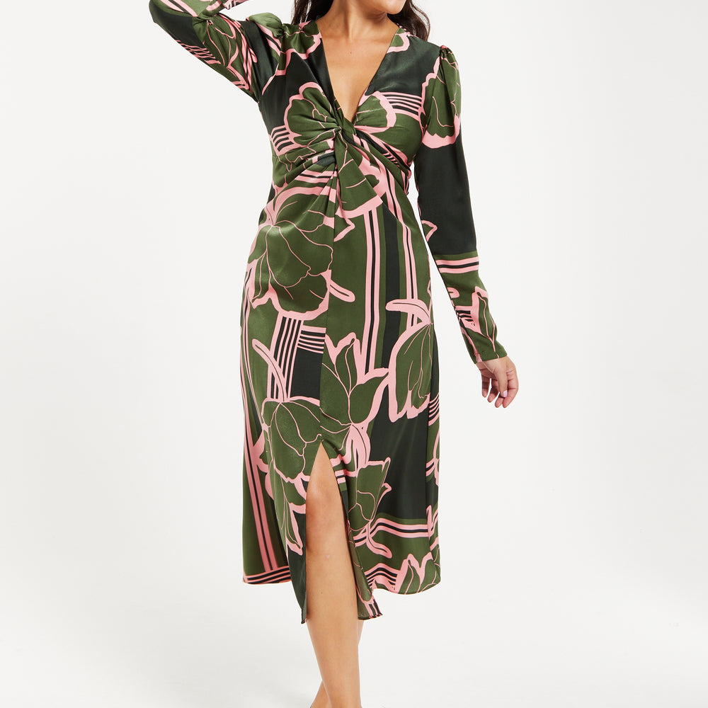 
                  
                    Women's Midi Dress in Dark Green with Long Sleeves and Geometric Floral Knot Front Detail by Liquorish
                  
                