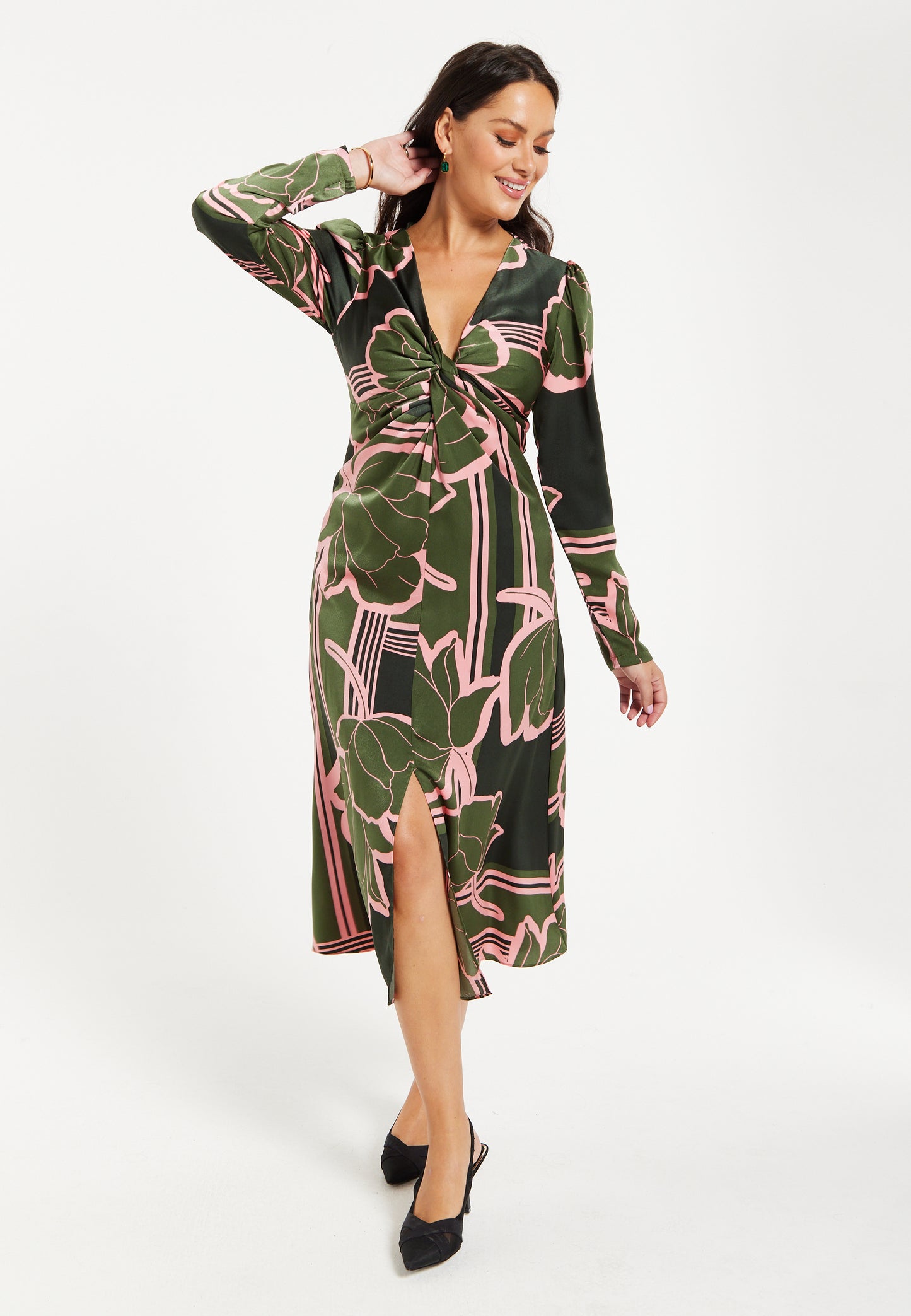 
                  
                    Women's Midi Dress in Dark Green with Long Sleeves and Geometric Floral Knot Front Detail by Liquorish
                  
                