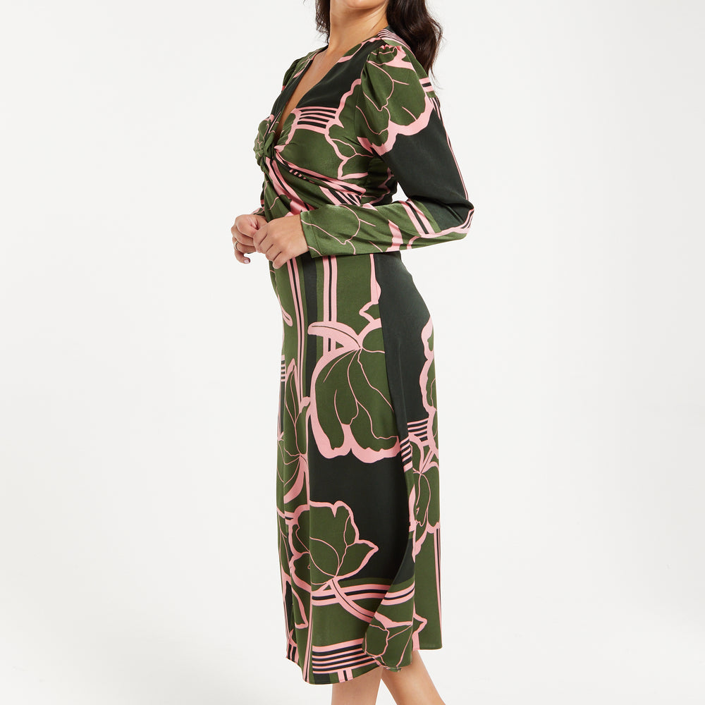 
                  
                    Women's Midi Dress in Dark Green with Long Sleeves and Geometric Floral Knot Front Detail by Liquorish
                  
                