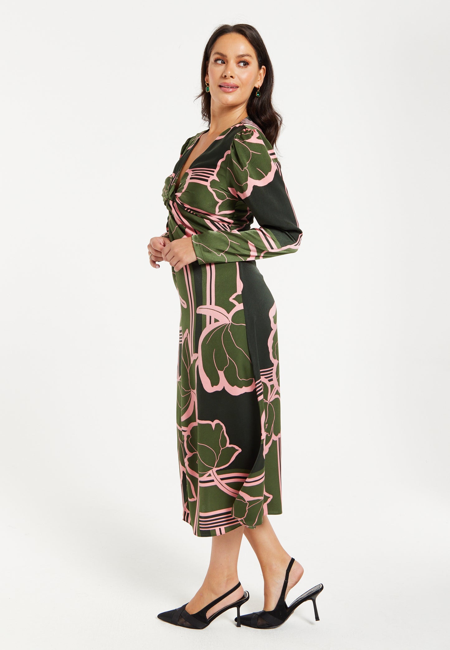 
                  
                    Women's Midi Dress in Dark Green with Long Sleeves and Geometric Floral Knot Front Detail by Liquorish
                  
                