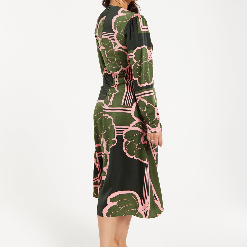 
                  
                    Women's Midi Dress in Dark Green with Long Sleeves and Geometric Floral Knot Front Detail by Liquorish
                  
                