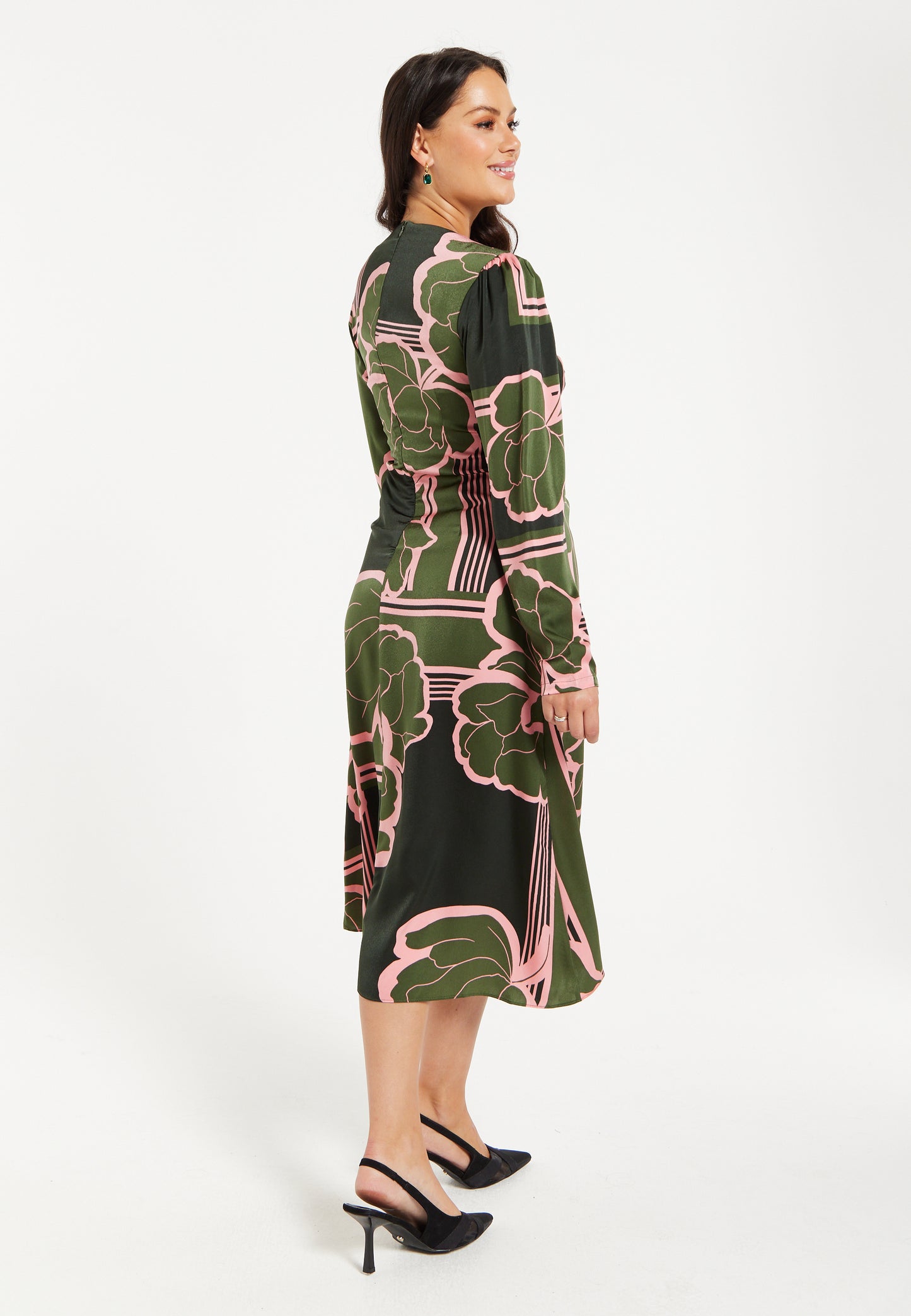 
                  
                    Women's Midi Dress in Dark Green with Long Sleeves and Geometric Floral Knot Front Detail by Liquorish
                  
                