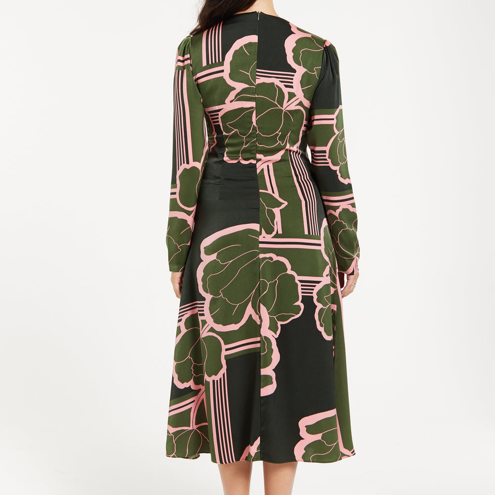 
                  
                    Women's Midi Dress in Dark Green with Long Sleeves and Geometric Floral Knot Front Detail by Liquorish
                  
                