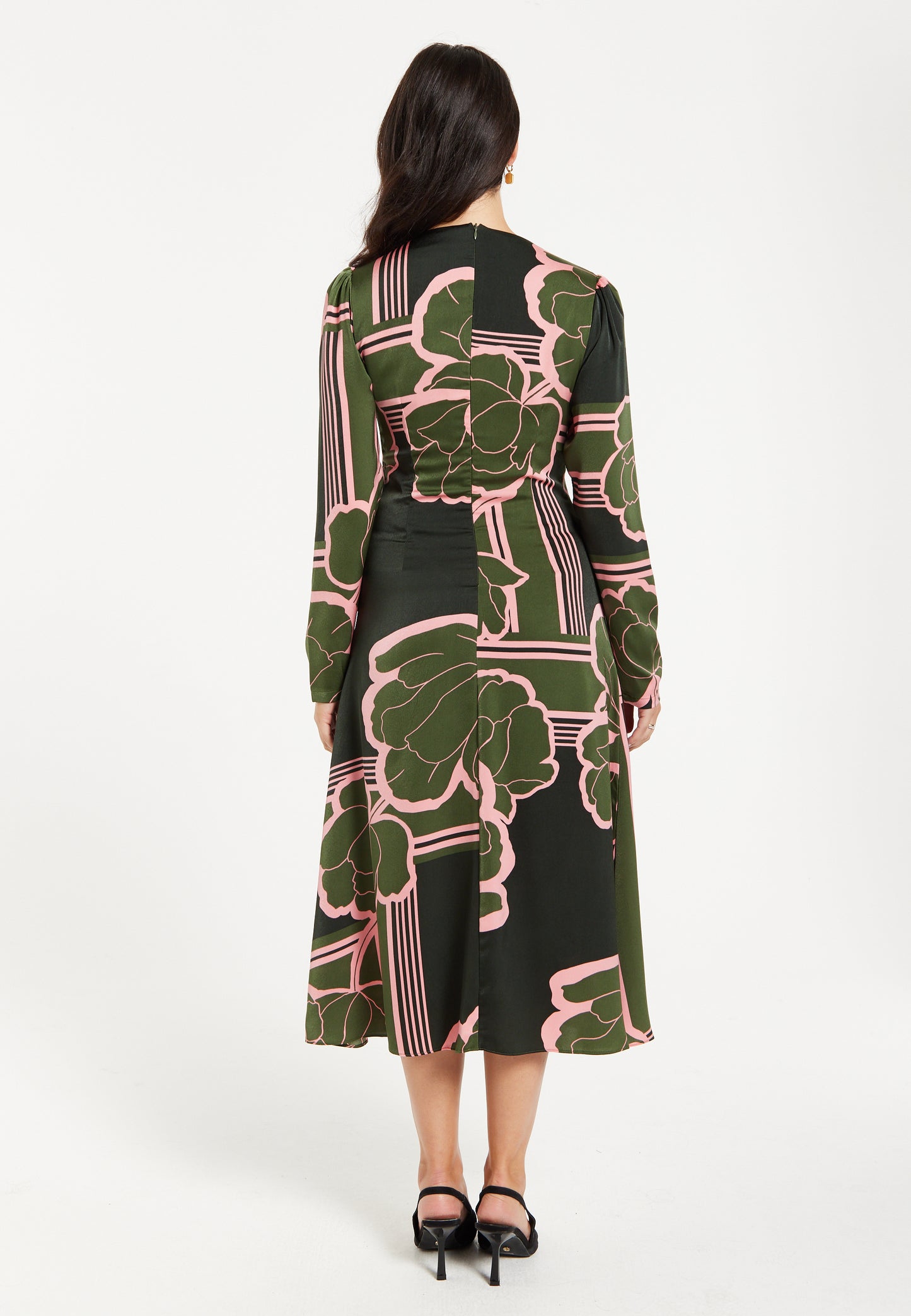 
                  
                    Women's Midi Dress in Dark Green with Long Sleeves and Geometric Floral Knot Front Detail by Liquorish
                  
                