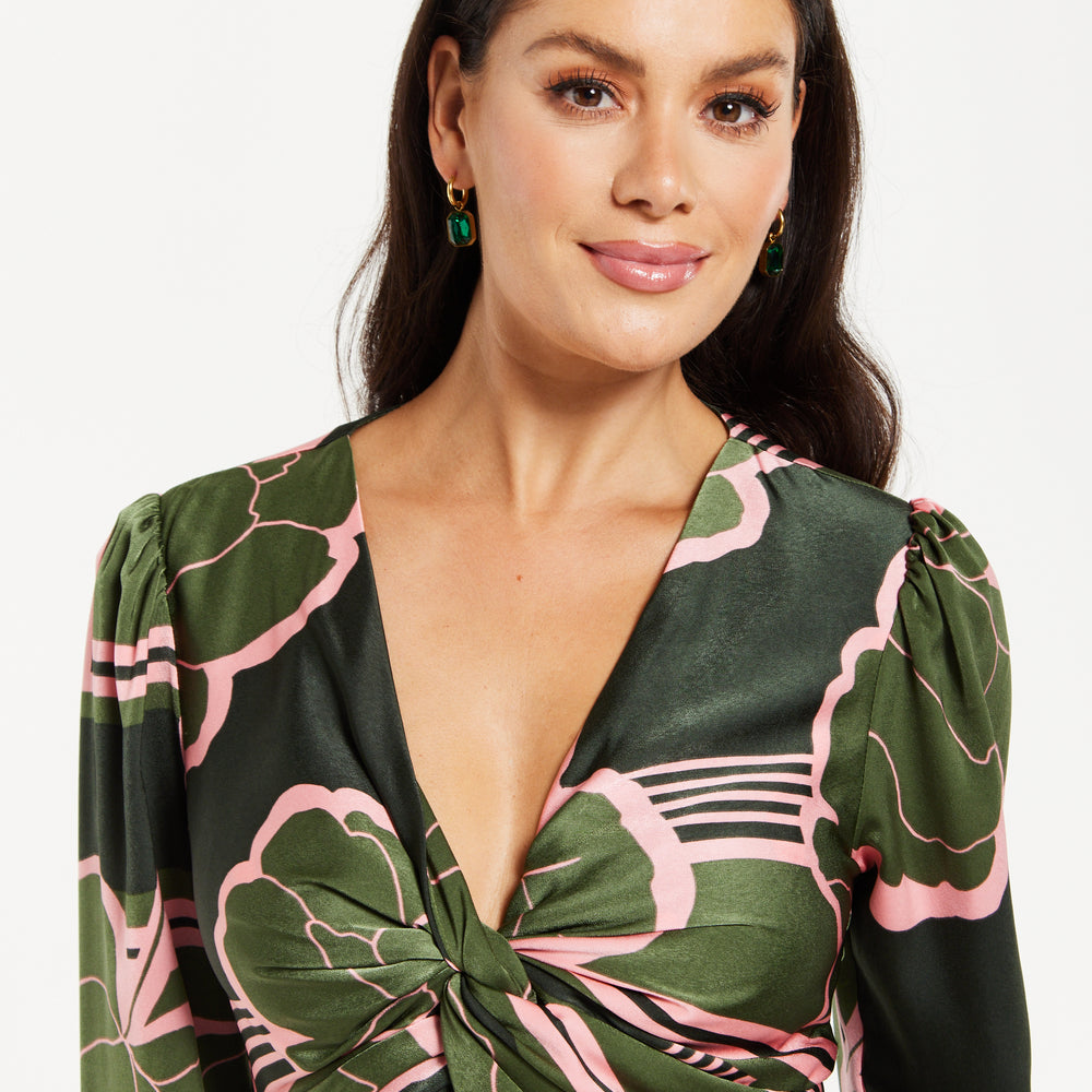 
                  
                    Women's Midi Dress in Dark Green with Long Sleeves and Geometric Floral Knot Front Detail by Liquorish
                  
                