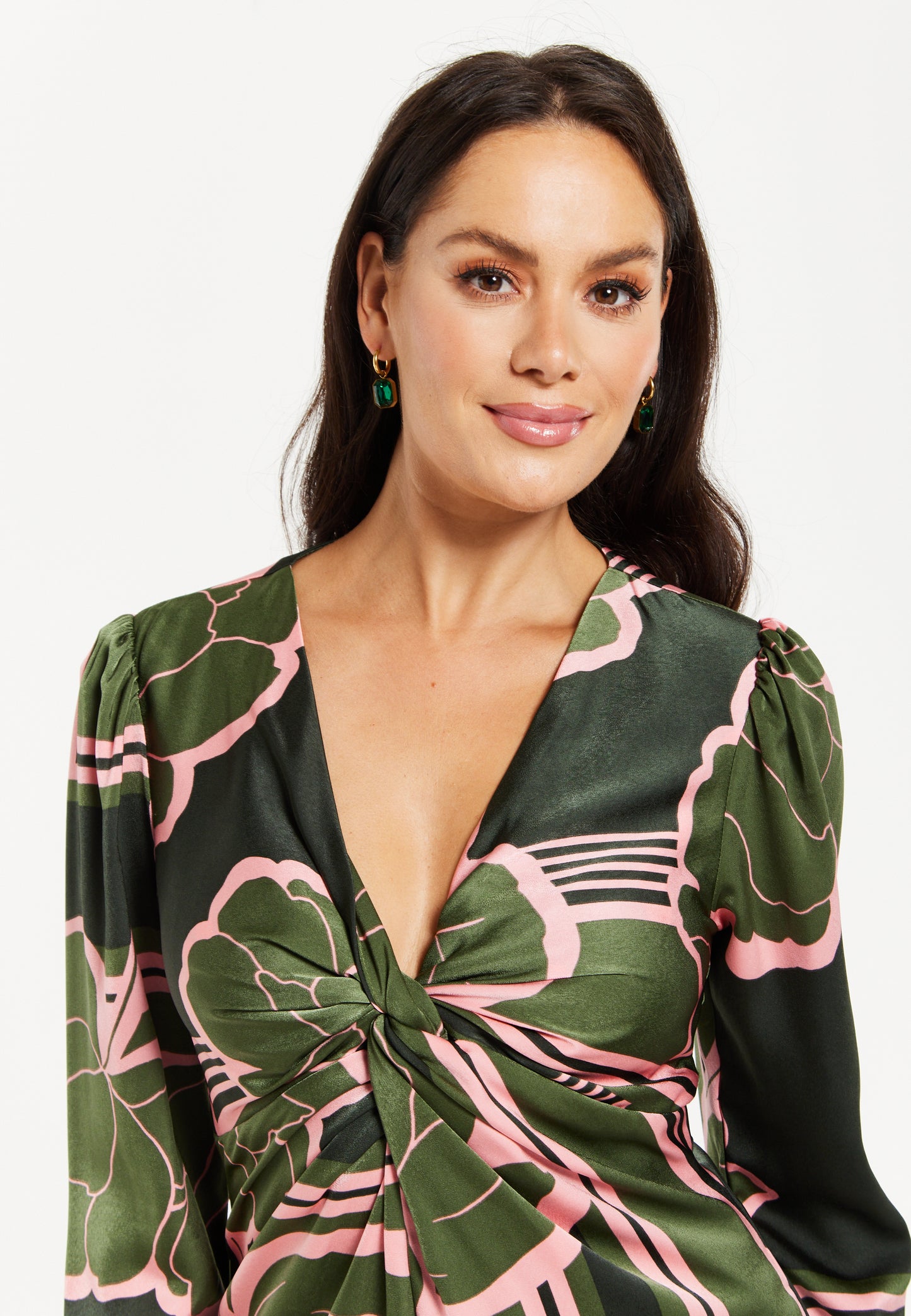 
                  
                    Women's Midi Dress in Dark Green with Long Sleeves and Geometric Floral Knot Front Detail by Liquorish
                  
                