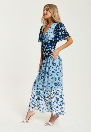 Liquorish Floral Print Midi Dress in Blue, Navy and White