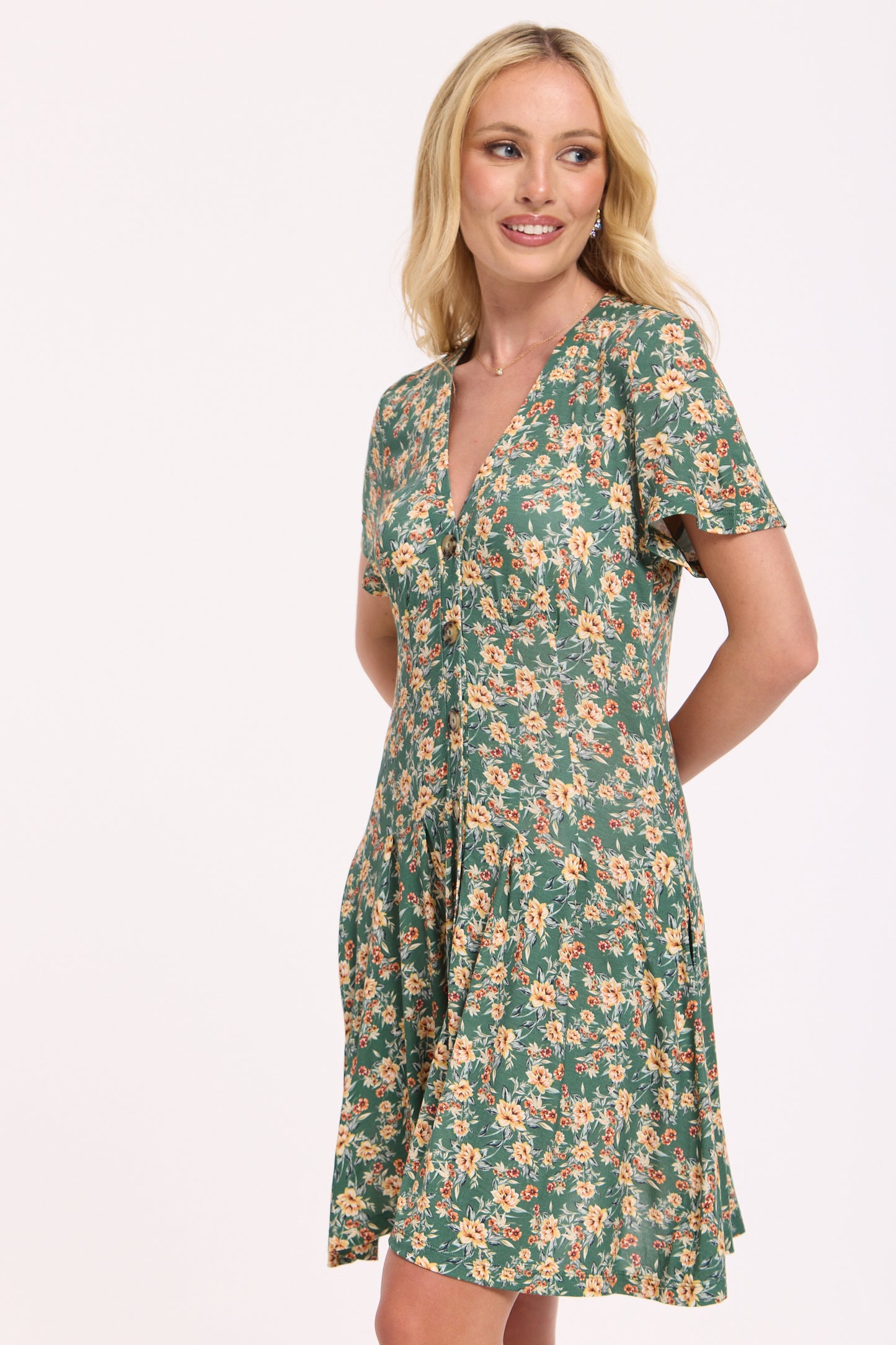 
                  
                    Green Floral Button Front Mini Dress
                  
                