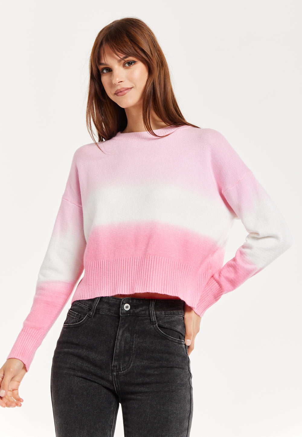 Women's Jumper with Long Sleeves in Chic Pink and White Ombre Design - Perfectly Stylish and Comfortable