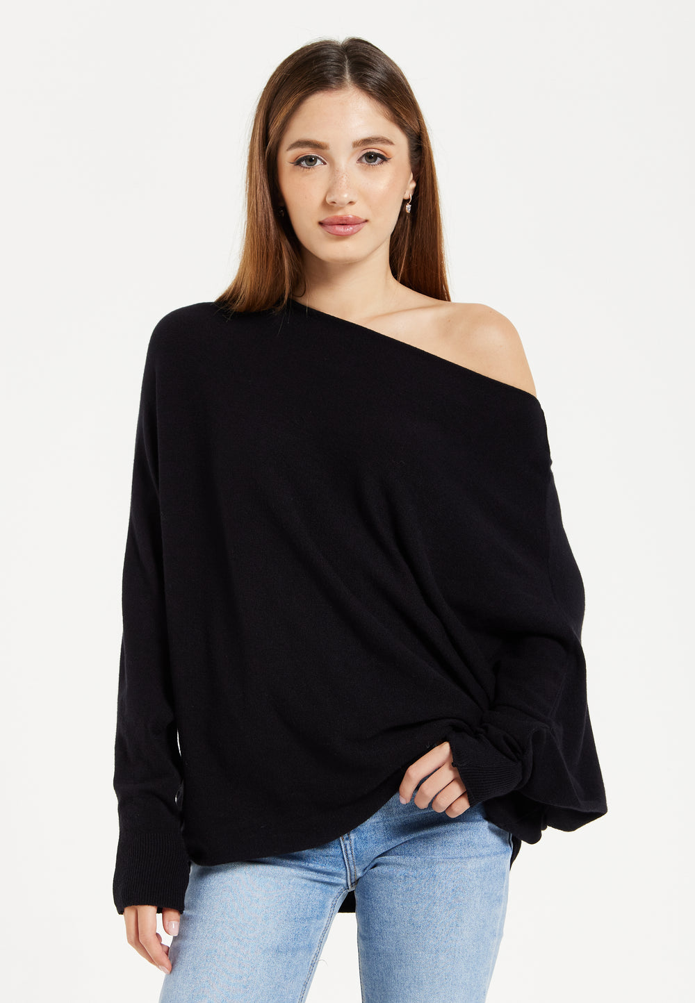 Women's Jumper Black Soft Batwing Sleeve with Relaxed Fit and Elegant Fabric by Liquorish