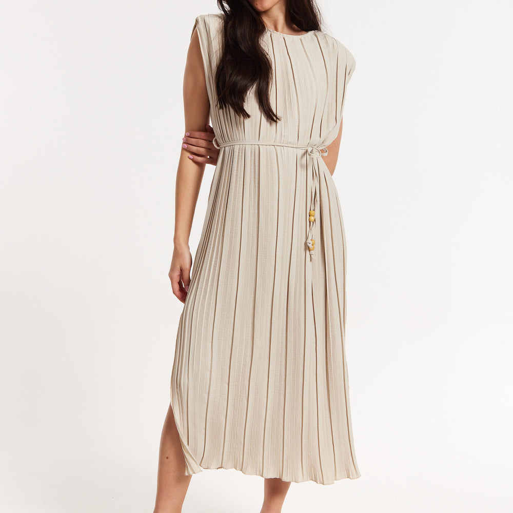 
                  
                    Beige Pleated Midi Dress with Tie Waist
                  
                