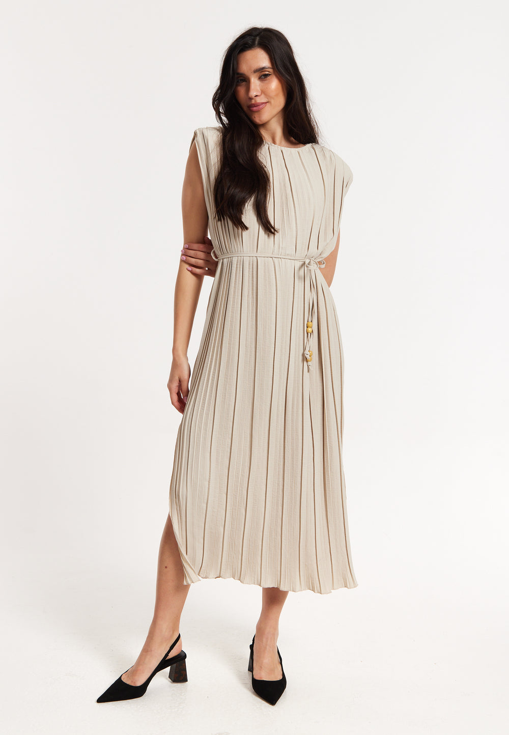 Beige Pleated Midi Dress with Tie Waist