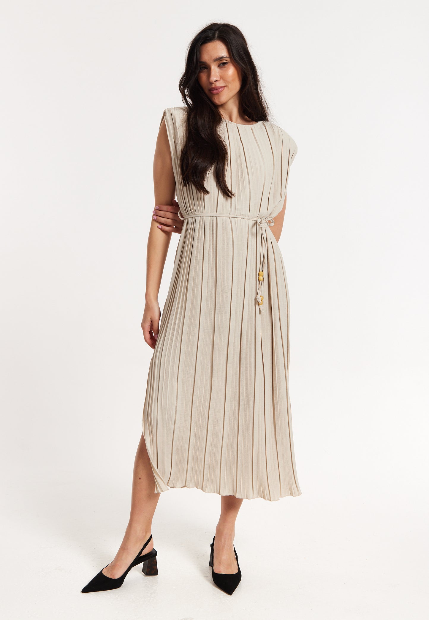 
                  
                    Beige Pleated Midi Dress with Tie Waist
                  
                