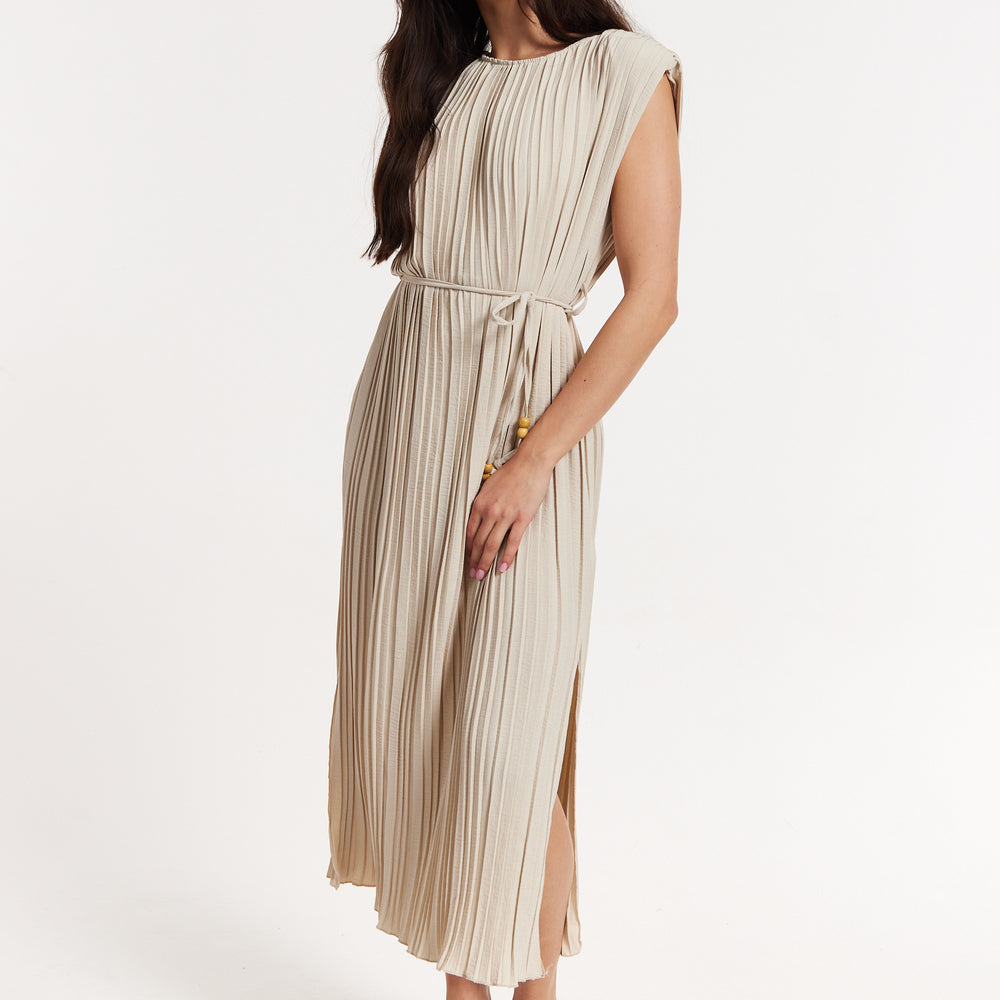 
                  
                    Beige Pleated Midi Dress with Tie Waist
                  
                