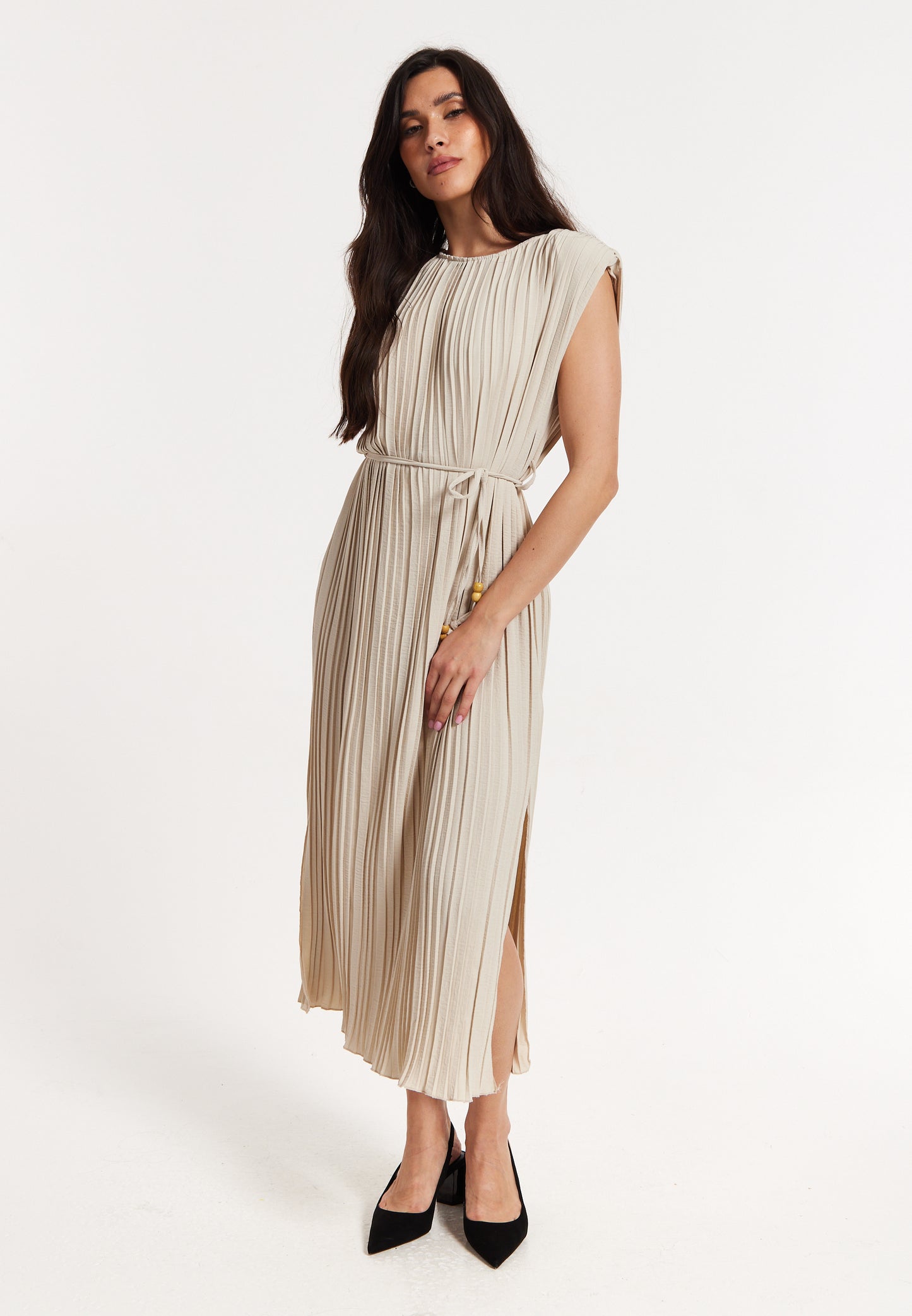 
                  
                    Beige Pleated Midi Dress with Tie Waist
                  
                