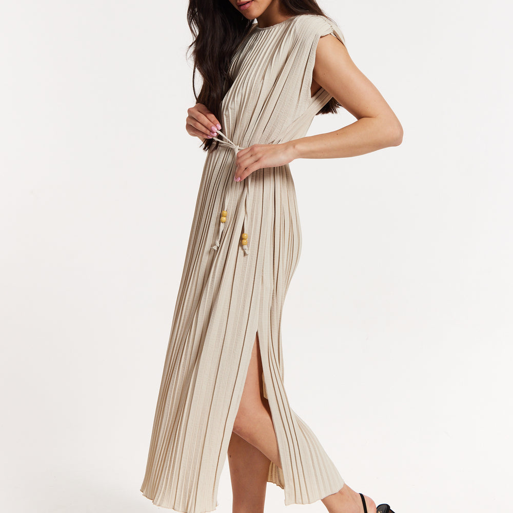 
                  
                    Beige Pleated Midi Dress with Tie Waist
                  
                