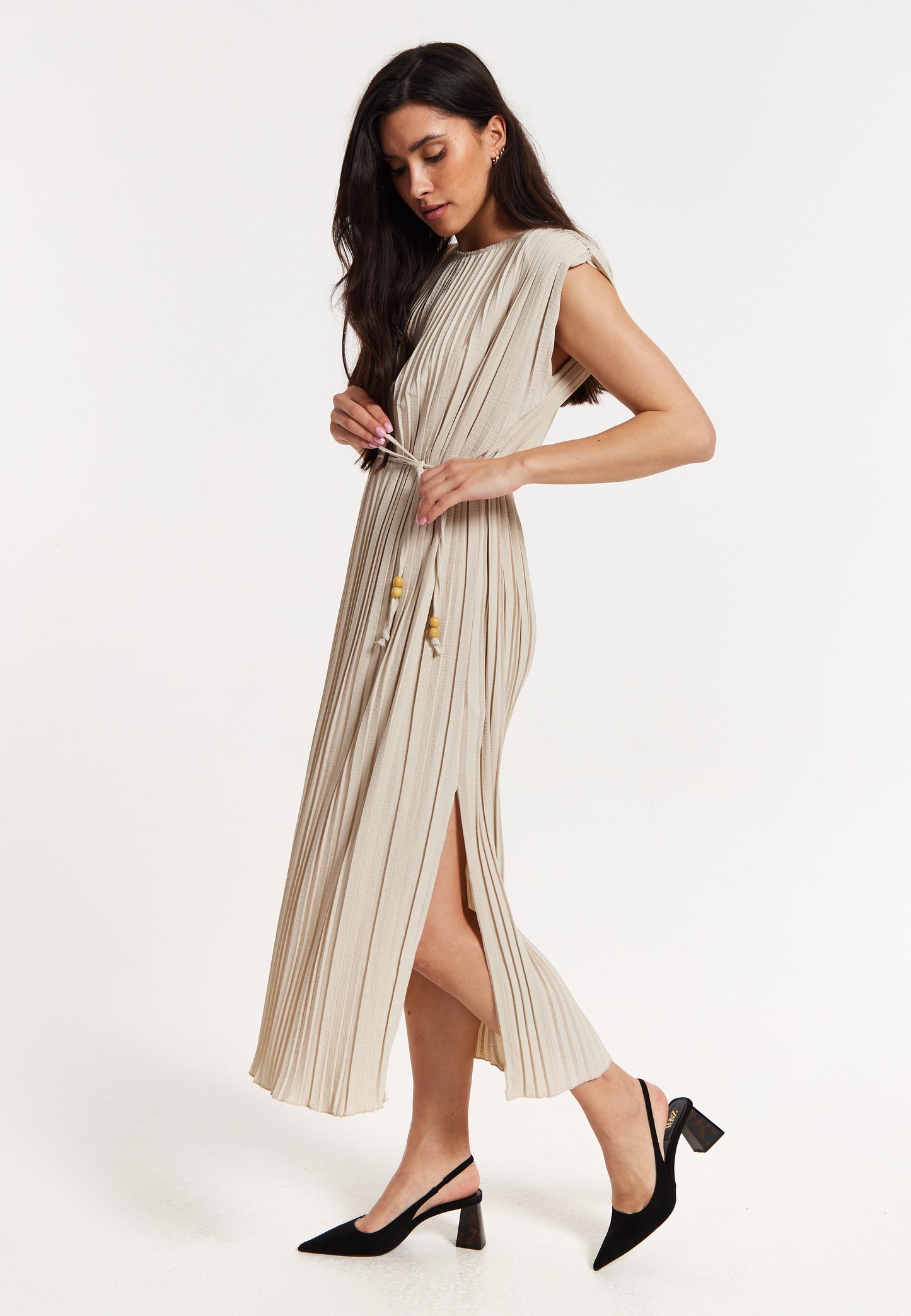 
                  
                    Beige Pleated Midi Dress with Tie Waist
                  
                