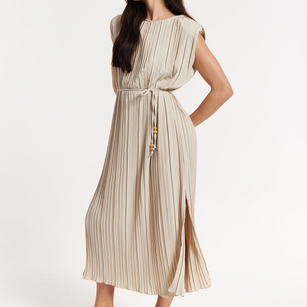 
                  
                    Beige Pleated Midi Dress with Tie Waist
                  
                