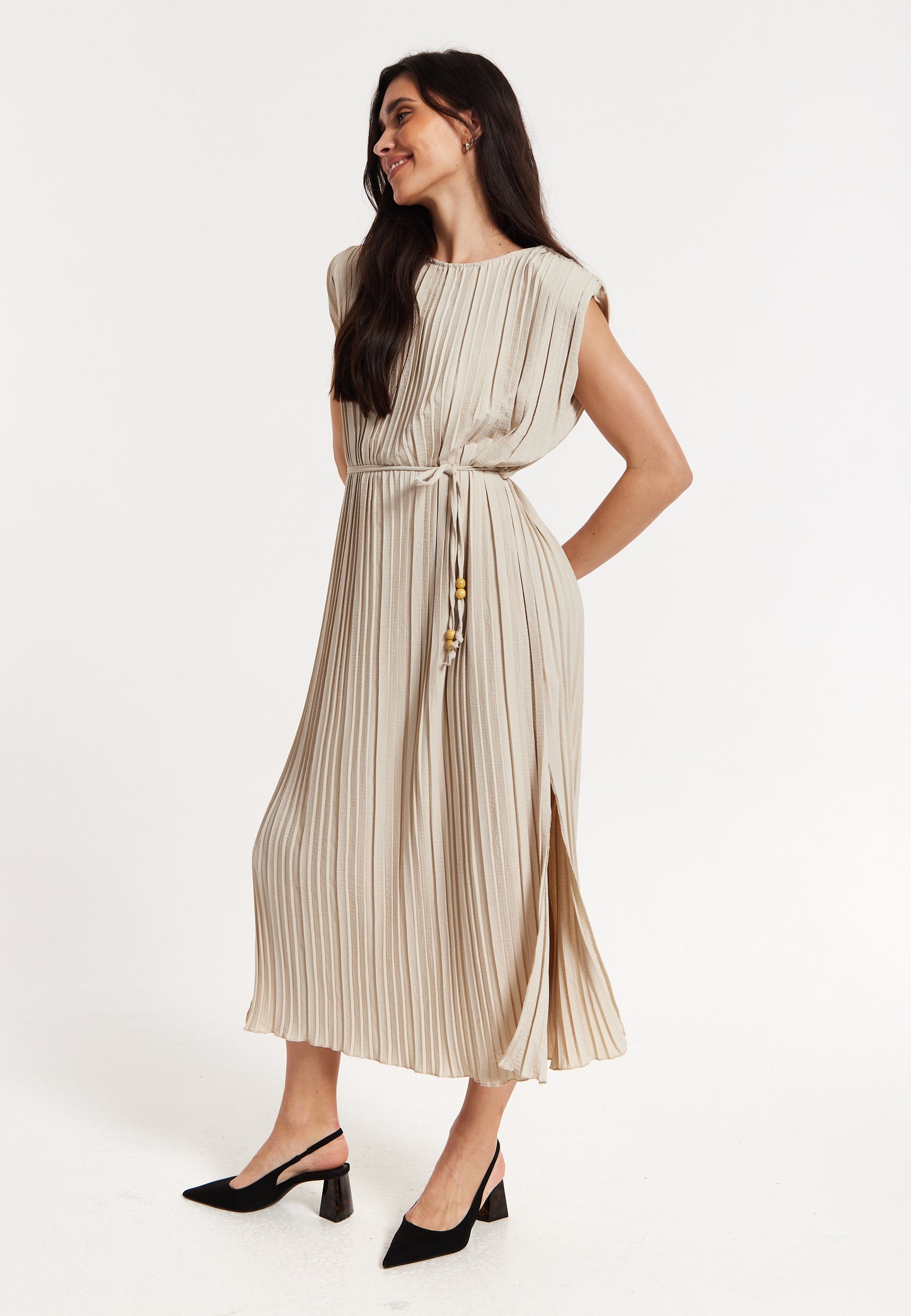 
                  
                    Beige Pleated Midi Dress with Tie Waist
                  
                