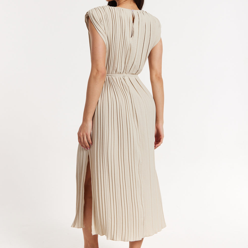 
                  
                    Beige Pleated Midi Dress with Tie Waist
                  
                