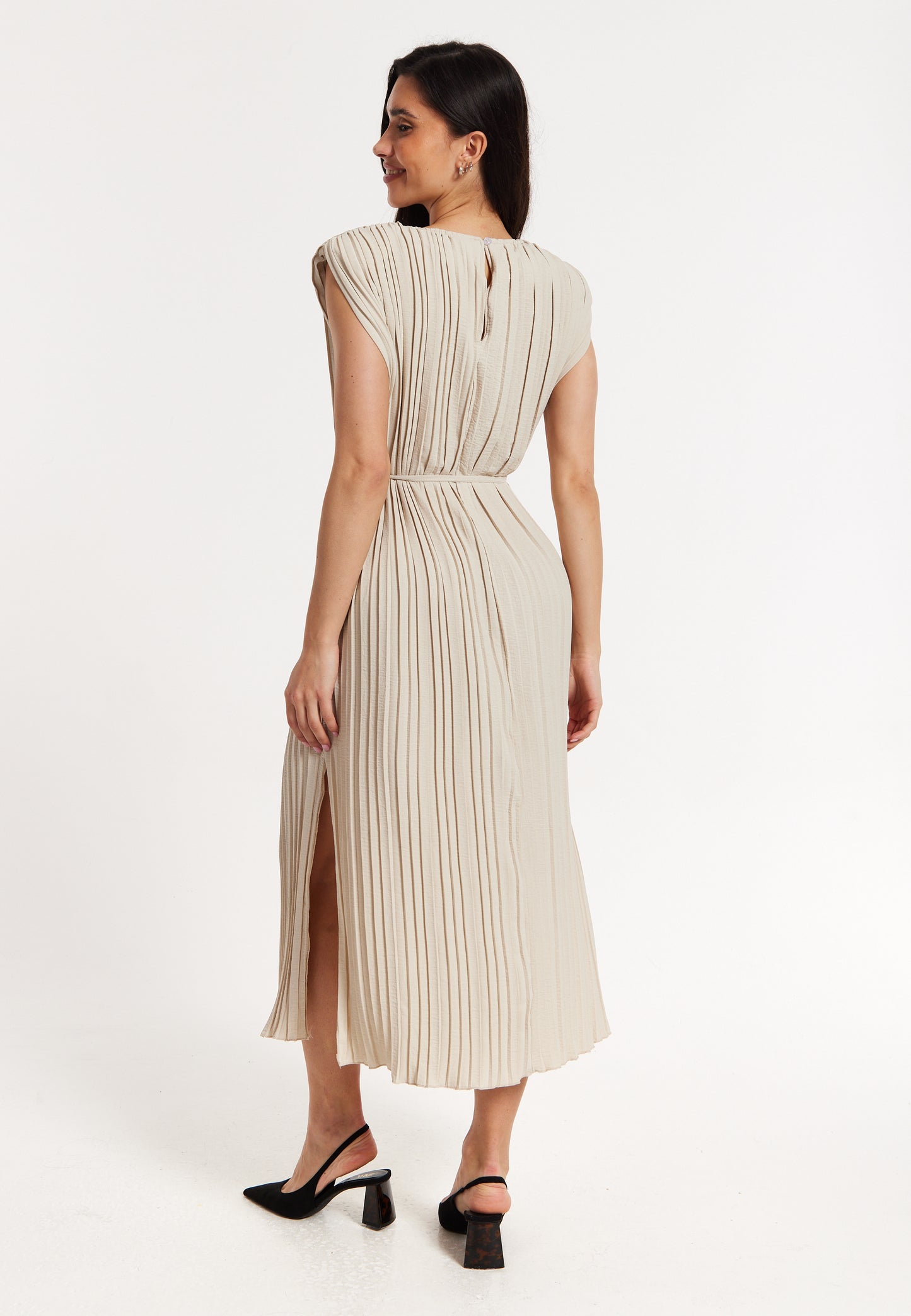 
                  
                    Beige Pleated Midi Dress with Tie Waist
                  
                