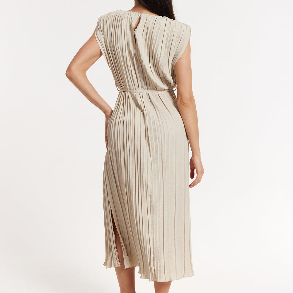 
                  
                    Beige Pleated Midi Dress with Tie Waist
                  
                