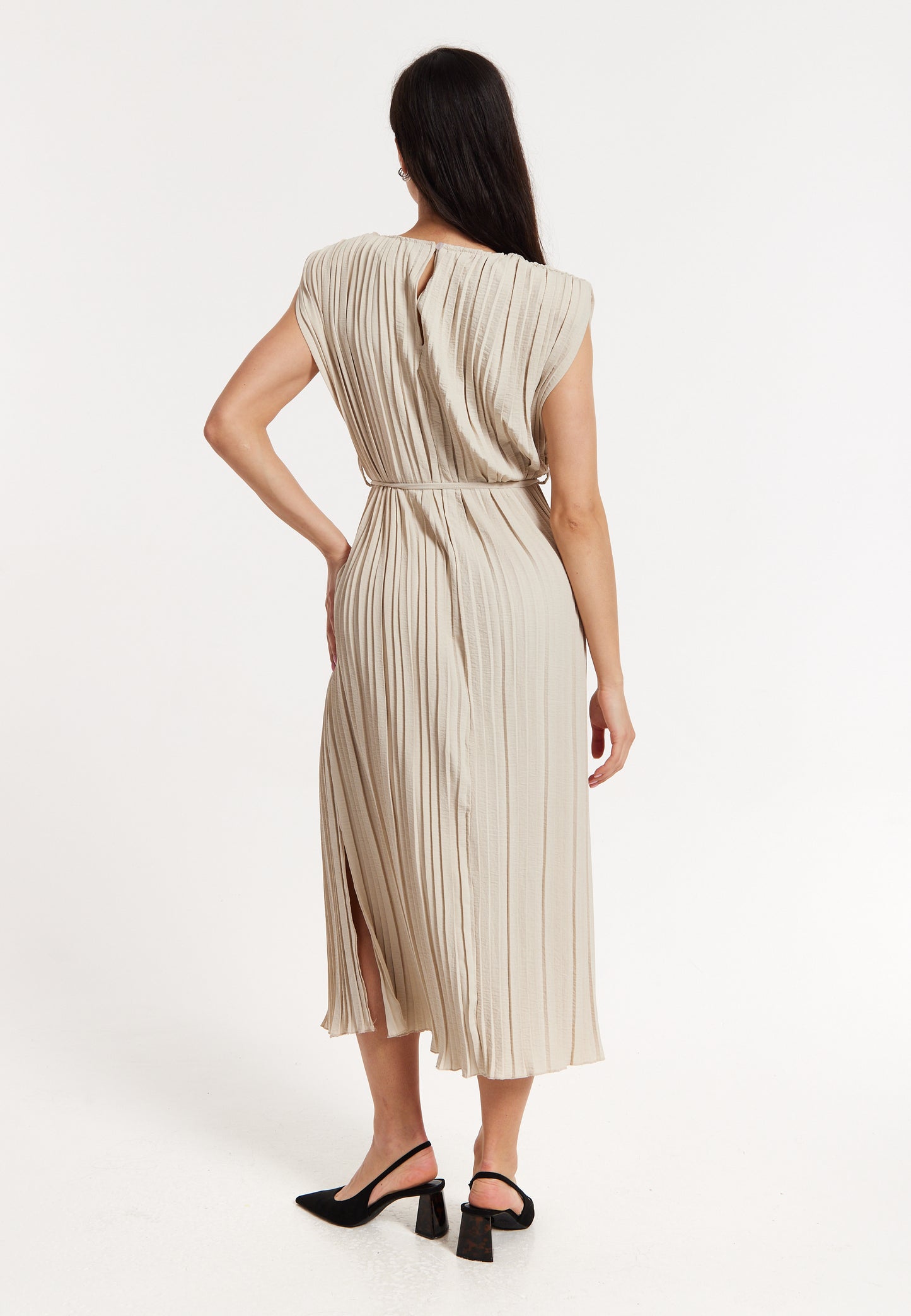 
                  
                    Beige Pleated Midi Dress with Tie Waist
                  
                