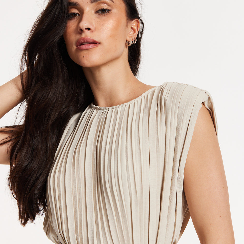 
                  
                    Beige Pleated Midi Dress with Tie Waist
                  
                