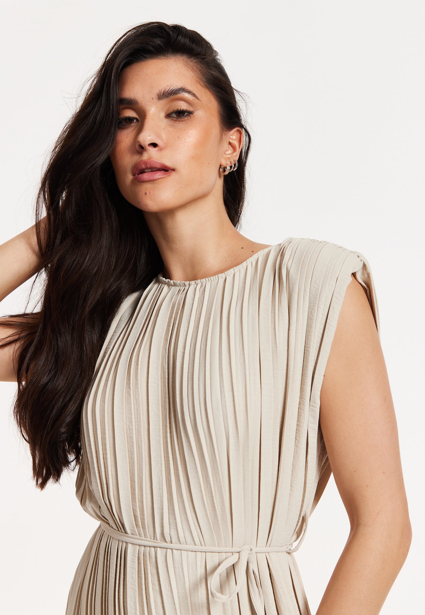 
                  
                    Beige Pleated Midi Dress with Tie Waist
                  
                