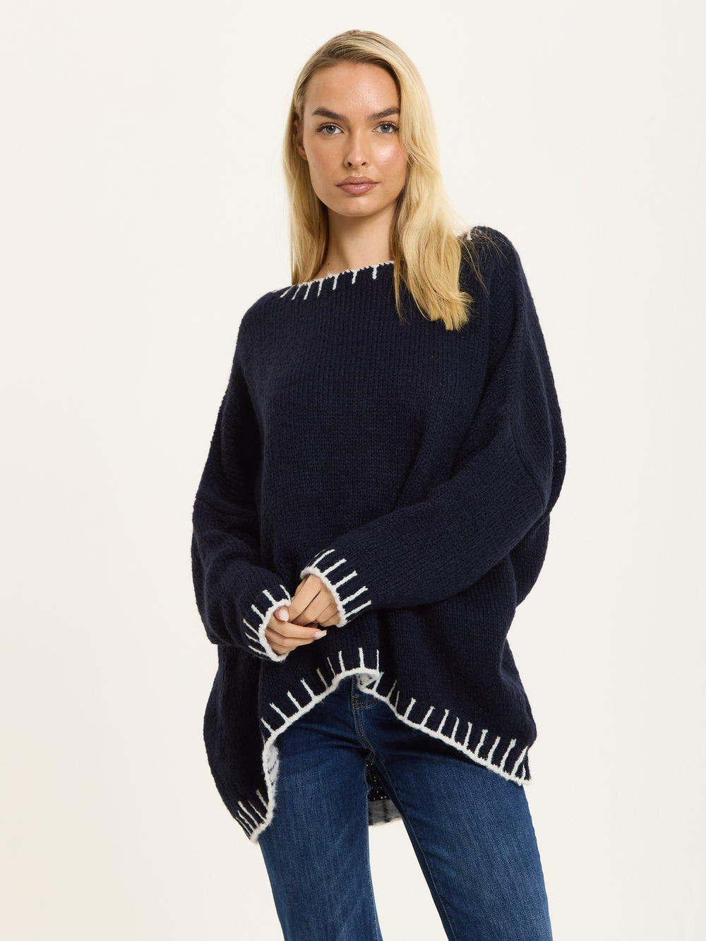Navy Wool Blend Jumper White Trim