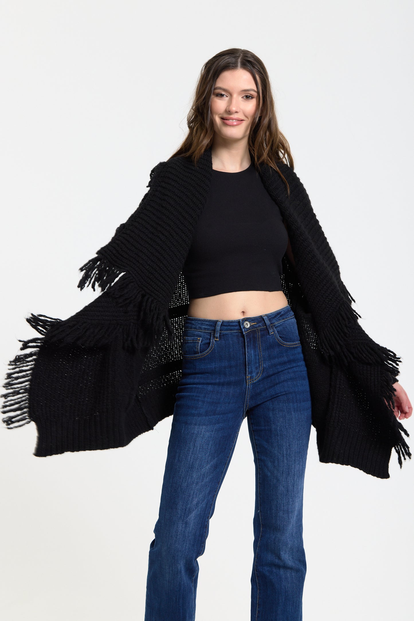
                  
                    Black Fringe Knit Cardigan
                  
                