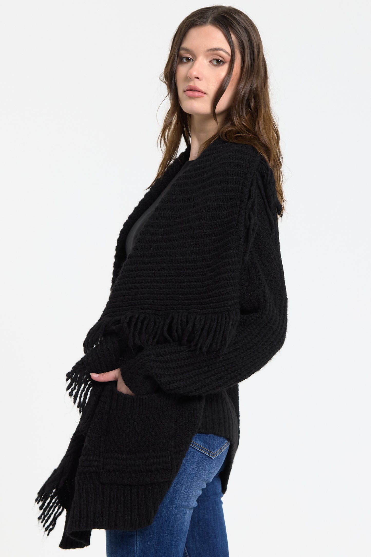 
                  
                    Black Fringe Knit Cardigan
                  
                