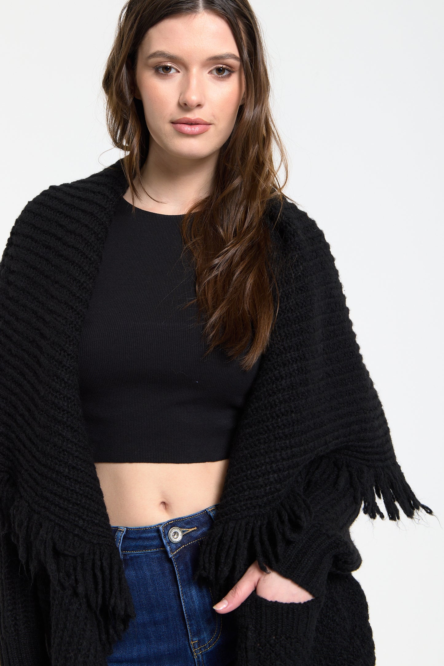 
                  
                    Black Fringe Knit Cardigan
                  
                