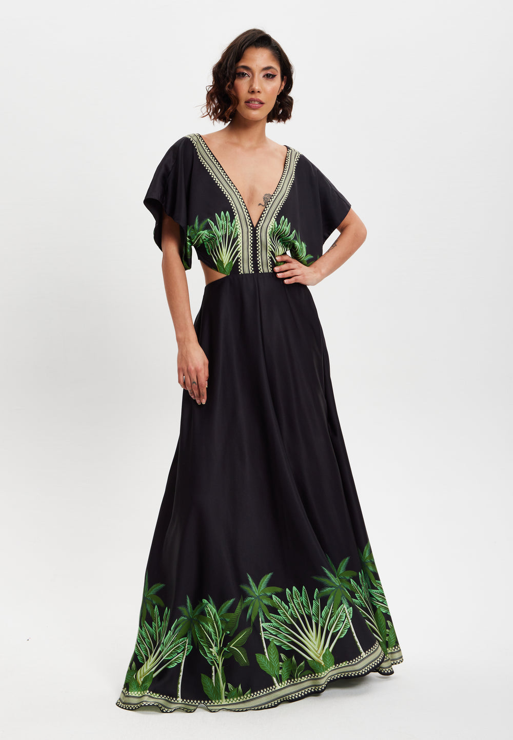 Liquorish Leaf Printed V-Neck Back Detail A-Line Maxi Dress