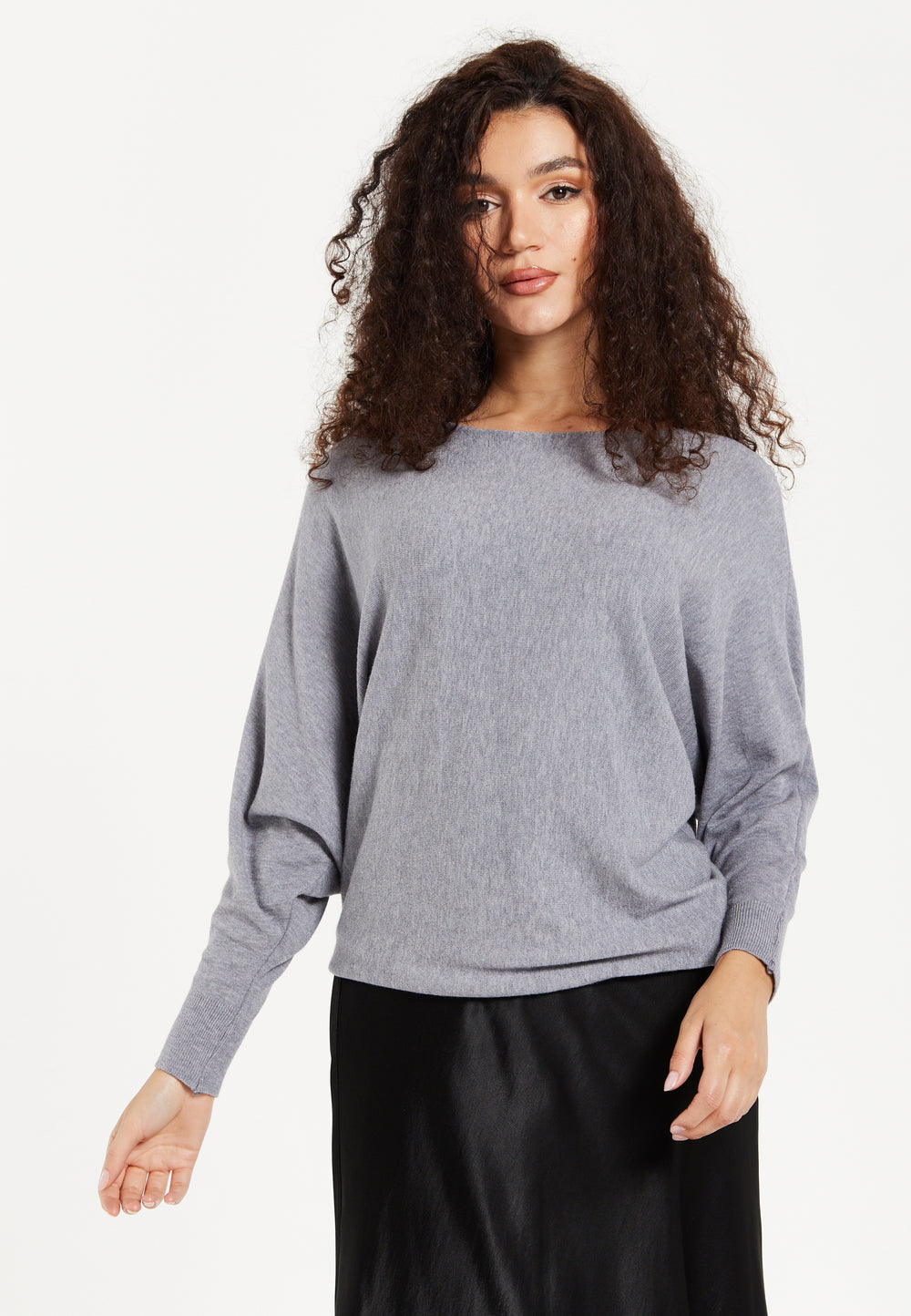 Women's Jumper in Light Grey with Back Pearl-Button Detail and Batwing Sleeves, Perfect for Effortless Style and Comfort - Liquorish