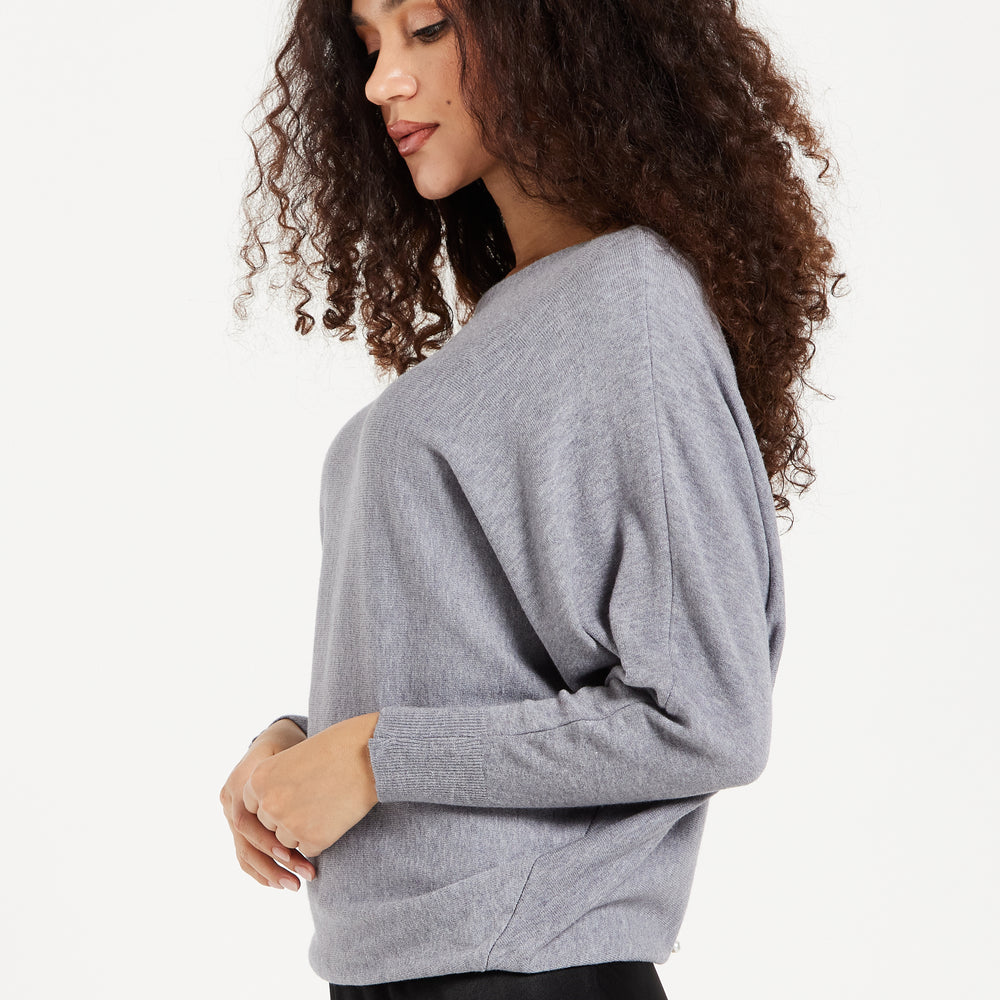 
                  
                    Women's Jumper in Light Grey with Back Pearl-Button Detail and Batwing Sleeves, Perfect for Effortless Style and Comfort - Liquorish
                  
                